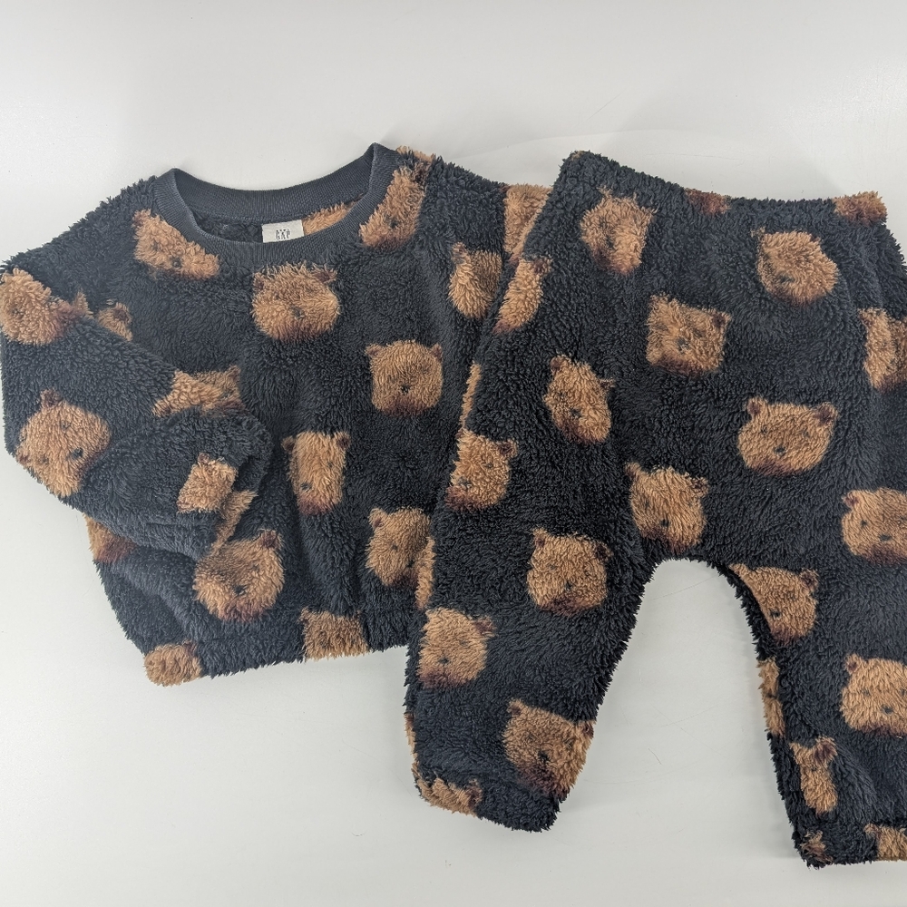 GAP Baby Black and Brown Bear Fleece Baby Set Sweater Pants Cosy 6-12 Months